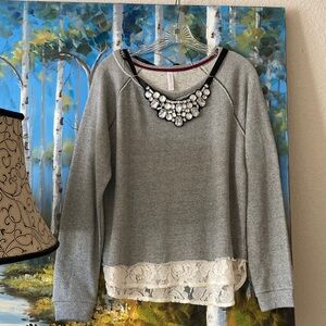 NWOT French Terry Sweater with Statement Necklace and Lace Trim